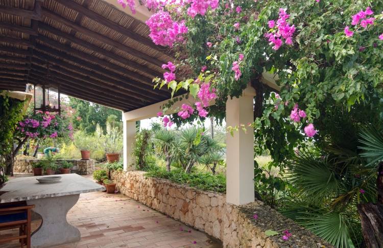 Stredomorský záhradný dizajn - ibištek - vápenec - strešná krytina - kamenný stôl - vedro