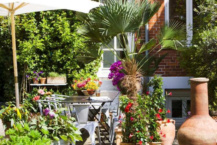 stredomorsky-zahradny design-slnecny-stolicky-stolicky-dom-džbán-palmove-kvety-kríky-tehly