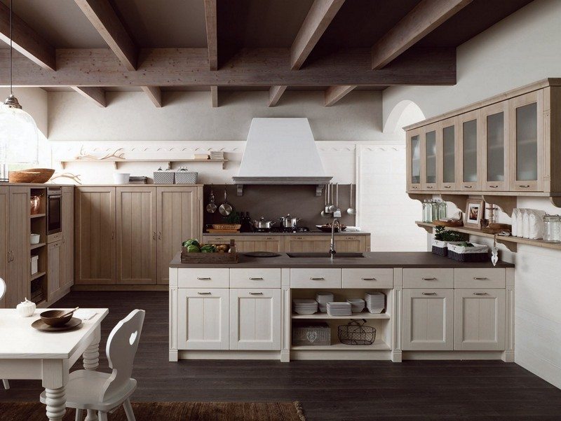 Stredomorské kuchynské vybavenie, nábytok z bieleho vidieckeho domu, ostrov na varenie