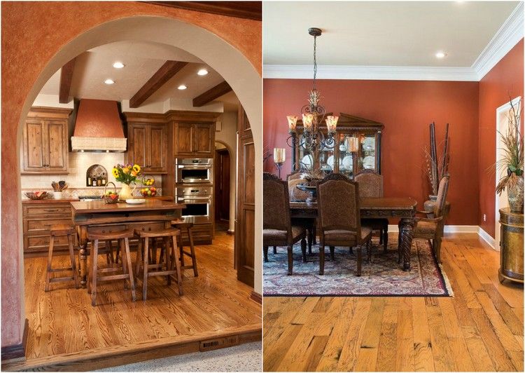 hnedo-červená farba na stenu a nábytok z tmavého dreva stredozemný-dizajn-steny-interiér-kuchyňa-jedáleň-červená-stena-drevená podlaha