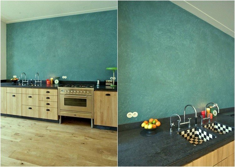 Dizajn steny zeleno-modrou farbou na stenu a technikou stierania stredomorská stena-dizajn-kuchyňa-maľba-technika-modrá stena