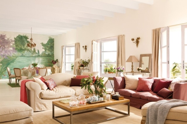 luster stredomorská obývačka ecru červené kvety na stenu