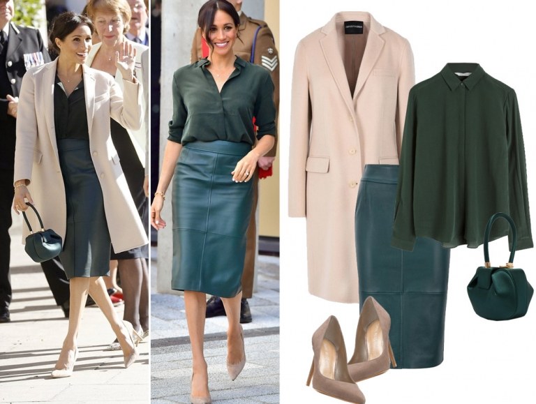 Meghan Markle kožená sukňa zelená letná košeľa lodičky