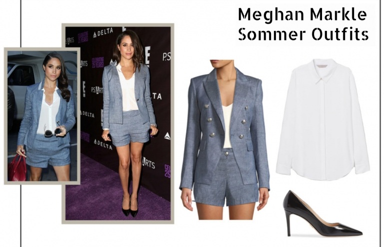 Letná džínsová bunda Meghan Markle z bieleho trička s vysokým pásom