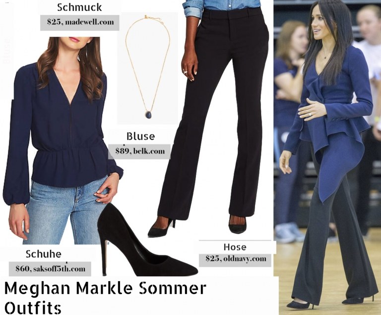 Meghan Markle letné outfitové nohavice modrej blúzky s dlhým rukávom