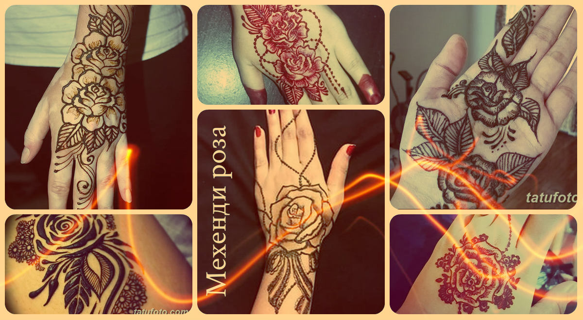 Mehendi rose - eksempler på færdige tegninger på billedet