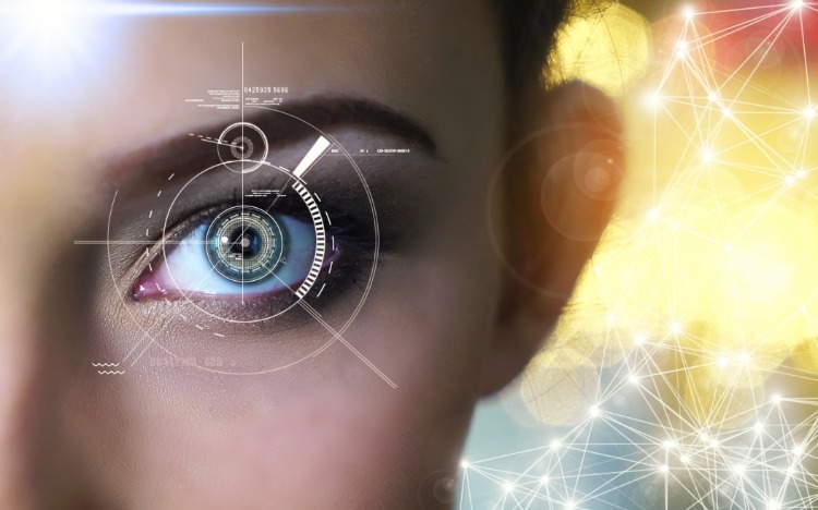 futuristické zobrazenie človeka a počítača ako celku a umelej inteligencie