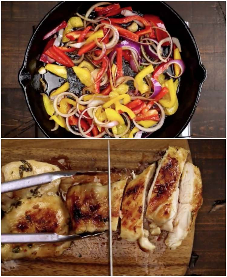 grilované kuracie mäso, kolieska červenej žltej papriky, červená cibuľa