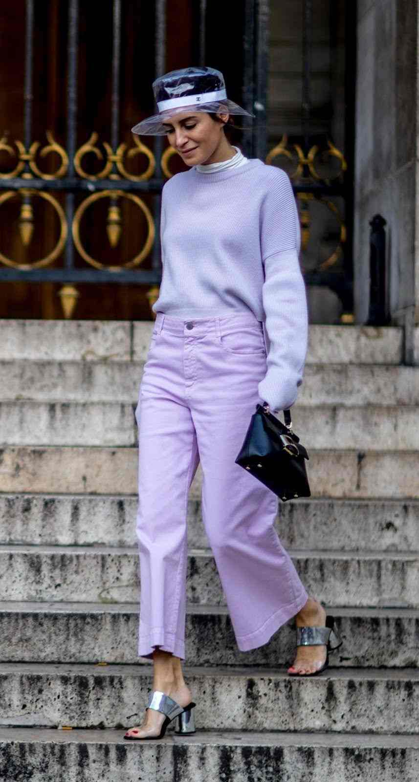 Millenial Purple Outfit Ideas Jeseň pletený sveter kombinovať