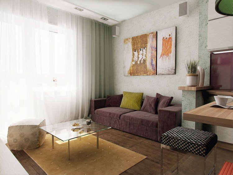 dizajnový mini apartmán nápady velúrová pohovka fialový nábytok koberec deco oranžová