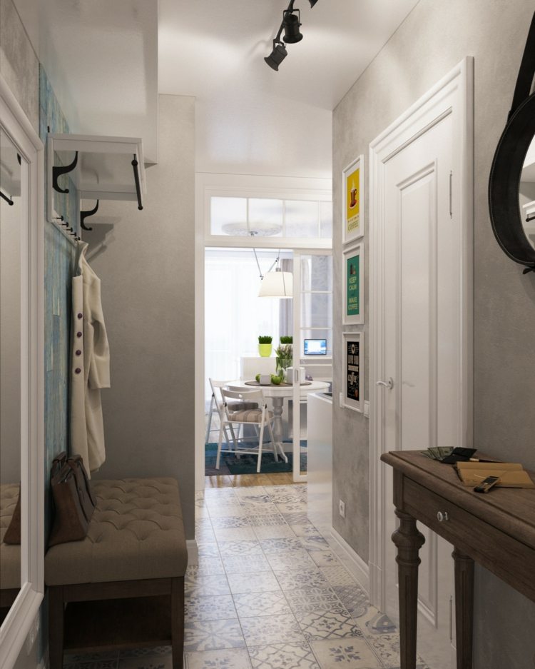 mini bytová chodba betónové dlaždice vinobranie lavice šatňa nápad na dizajn