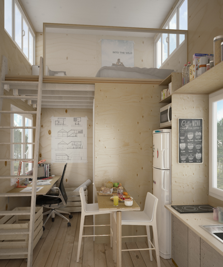 nápady mini byt podkrovný nábytok drevo škandinávska kuchyňa kancelársky stôl posteľ