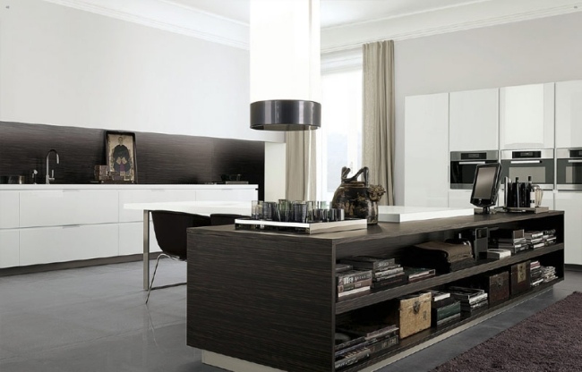 minimalizmus v kuchyni wenge otvorené police vstavané spotrebiče