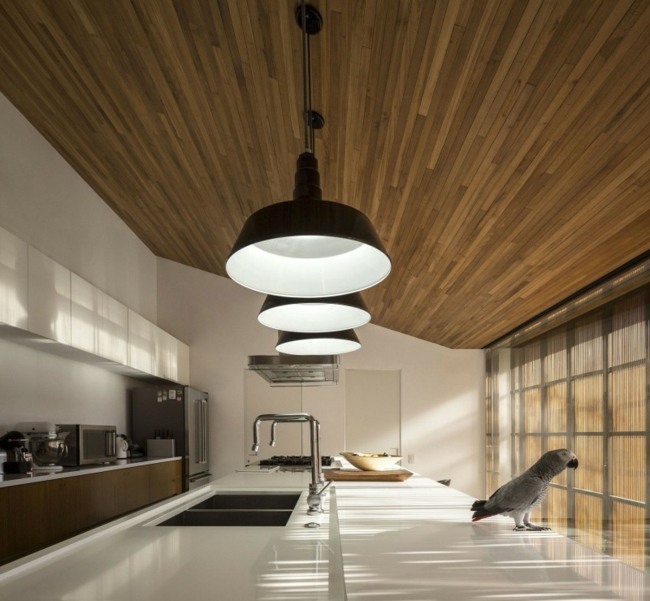 moderná kuchyňa šikmý strop drevené biele skrinky Kuchyňa šikmý strop drevené skrinky papagáj