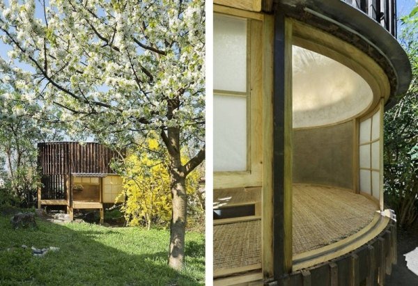 Drevená záhradná záhradná pružina Drevená záhradná chata jarný obraz