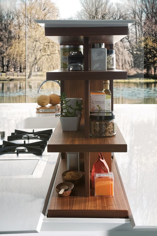 drevené police, elektronicky roztiahnuteľné-hi-macs-ostrov na varenie