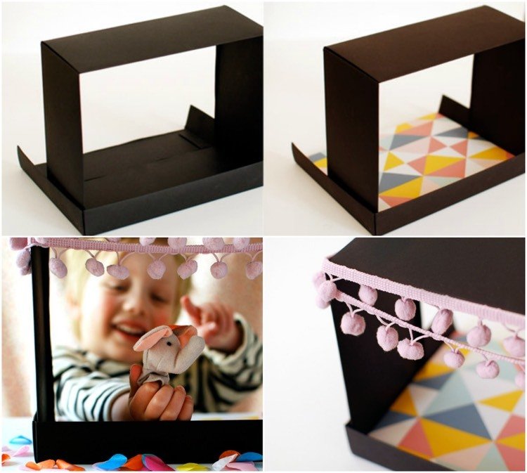 Tinkerova divadelná scéna z krabice od topánok bábkové škatuľky-drotári-deti-divadlo-bobble-hraničné-prstové bábky