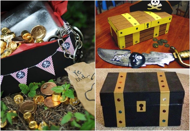 Truhla s pokladom na pirátsku párty na narodeniny detí Krabica od topánok-drotár-deti-truhla s pokladom-deti-narodeniny-piráti