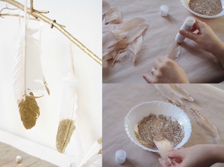 Tinkerské perie zdobí zlaté trblietky