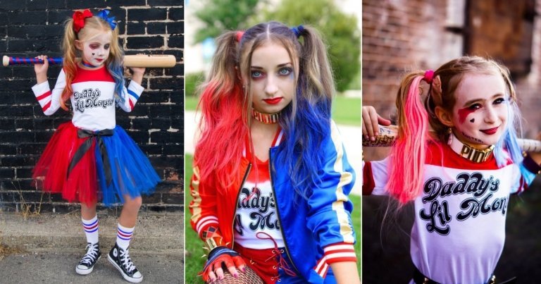 Vyrobte si Harley Quinn sami pomocou červeného a modrého copu ako jednoduchý halloweensky účes
