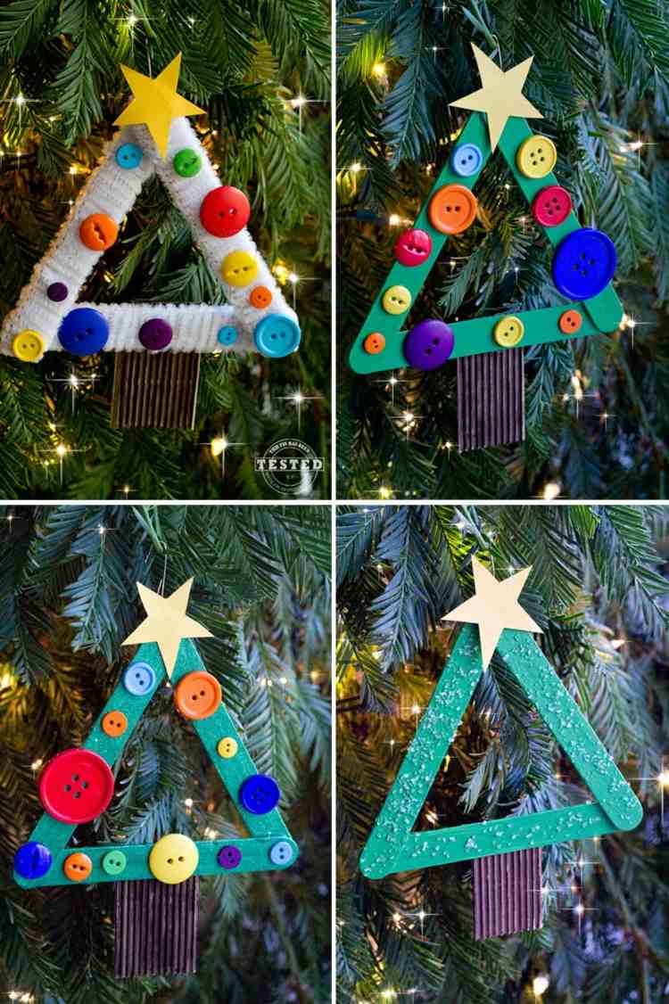 Ručné práce s nanukami a gombíkmi - ozdoby na vianočný stromček vo forme jedlí vianočný drotár zmrzlinová tyčinka nápad jedľa gombíky hviezdy