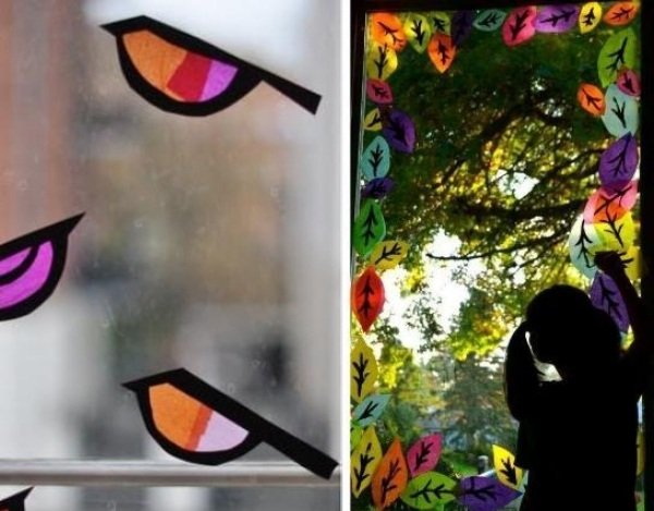 s deťmi ozdobte okenné tabule s motívmi vtákov-farebné listy Okná-ozdobiť-jesenné motívy-vystrihnúť-štylizované-vtáky-farebné-listy