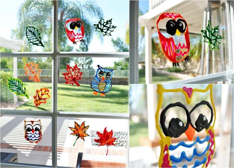 Tinker sovičky a jesenné lístie s 3D reliéfnou farbou Obrázky okien na jeseň -3d-reliéf-farba-sova-listy