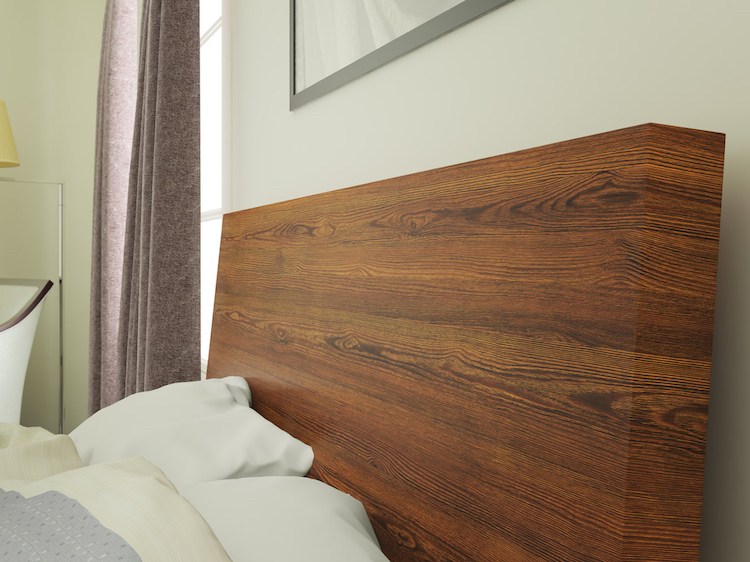 Dizajnové čelo postele v drevenom vzhľade s lepiacou fóliou Lepiaca fólia-nábytok-korenie-diy-drevo-posteľ-čelo postele-hnedá