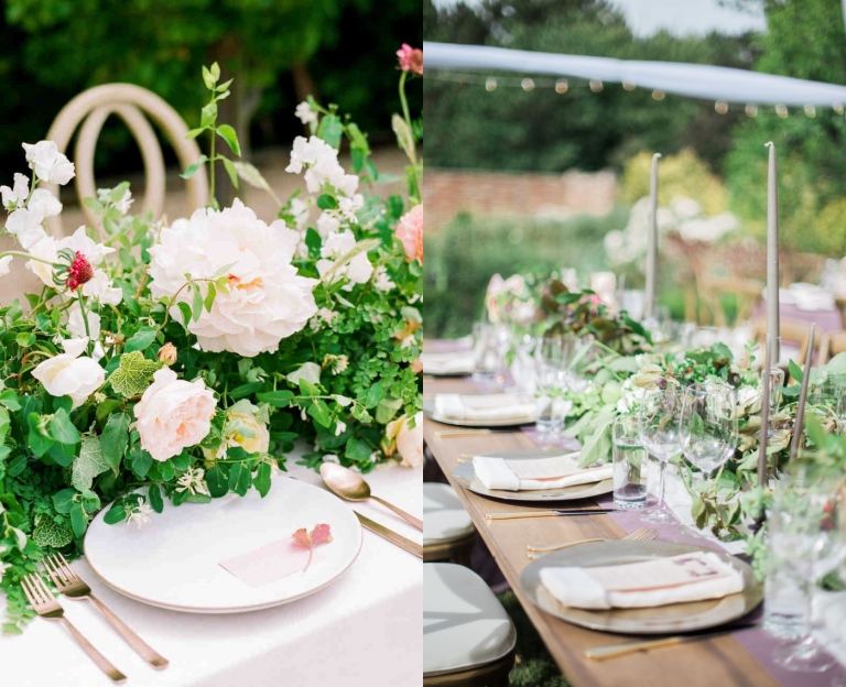 Svadobná hostina svätojánska výzdoba stolu brečtan lúčne kvety biela zelená