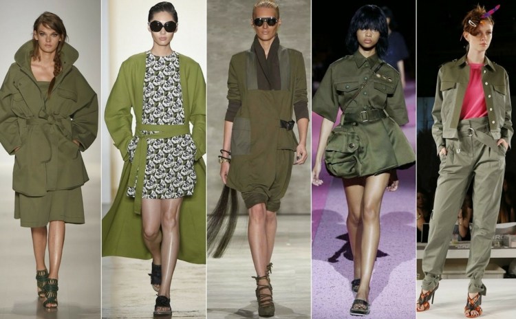 Vojenský vzhľad - bundy a nohavice vo farbe khaki s otvorenými vreckami Módne trendy Bundy vojenského štýlu kabát kaki