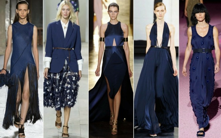 Trendová farba - klasické večerné oblečenie v tmavo modrej farbe Módne trendy outfit večerné šaty tmavomodré maxi šaty