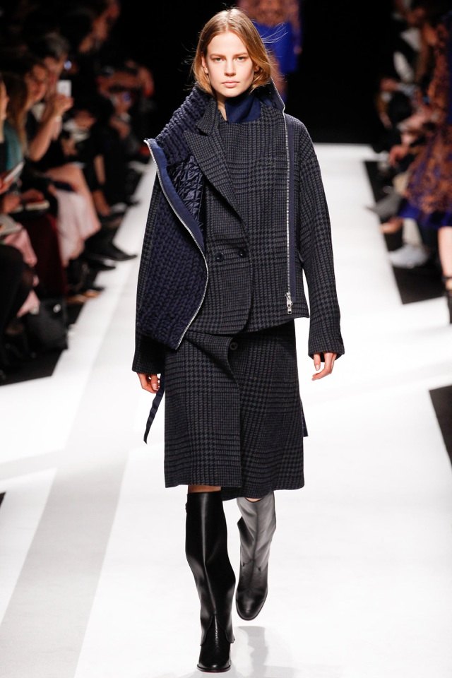 Károvaný kabát po kolená s pleteným akcentom sacai-jeseň-zima-2014-2015-károvaný kabát-úplet-melír