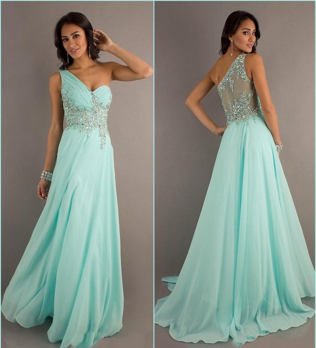 Šifónová čipka nebesky modrá prom Šaty-Abitur-Ball-2014-Trend-dlhé-jedno rameno