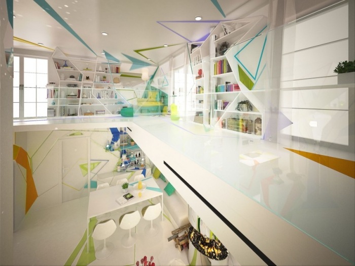 expresionisticky vyzerajúci podkrovný byt-dizajn-trojuholníkové tvary-geometricko-farebné-atmosférické