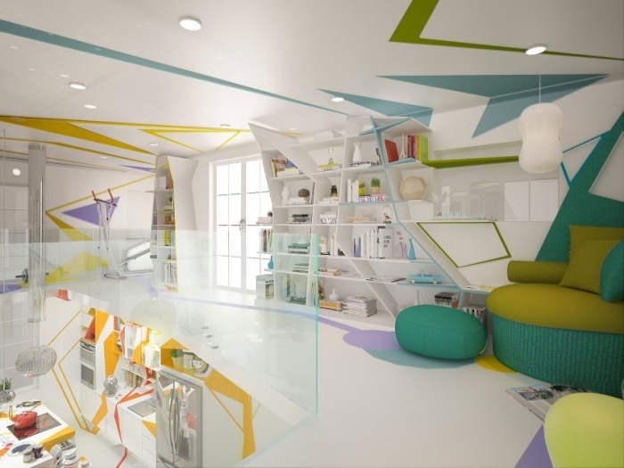 Knižnica rohového domu na čítanie na poschodí-kreatívno-expresionistický-dizajn-Brani & Desi
