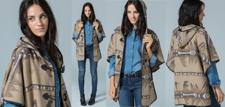 Béžové pončo so sponami a etnickým vzorom Dámske pončo-jesenno-béžové-etno-vzorové džínsy-denim-modrá-blúzka-ležérne