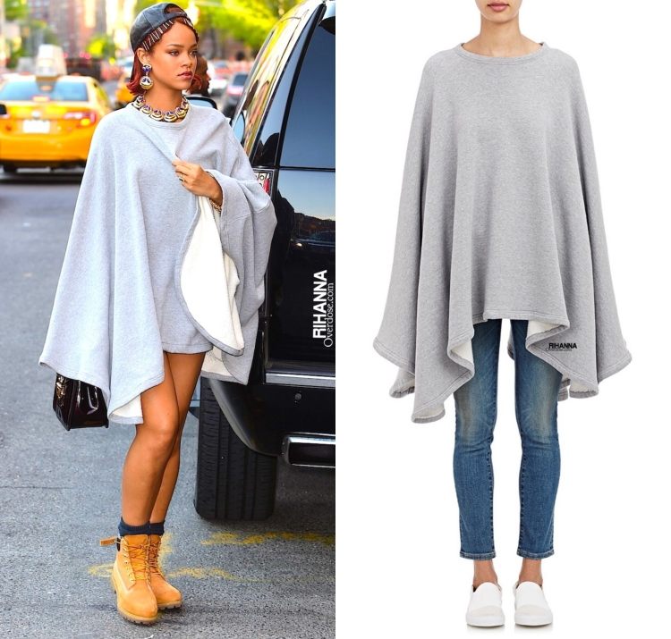 Rohanna so športovým pončo zo sivého dresu Dámske pončo-jesenne-športovo-ležérne-bavlna-sivá-outfit-rihanna
