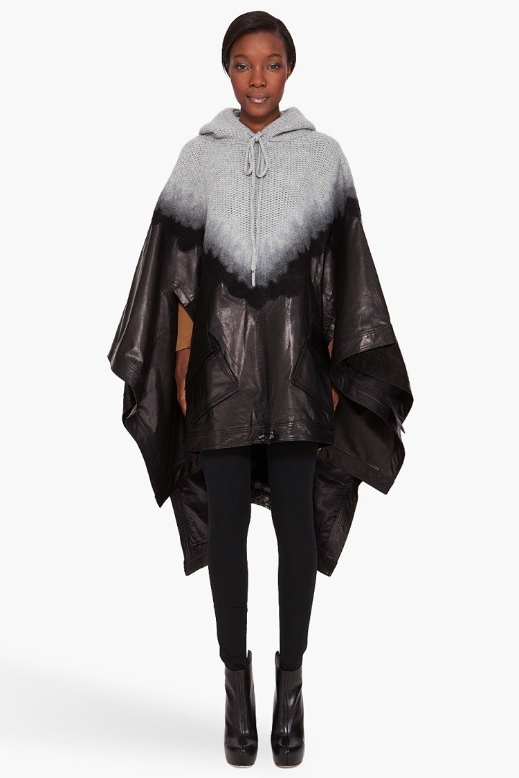 veľmi neobvyklý variant z čiernej kože a šedej, pletenej kapucne pončo-dámske-jesenné-kožené-čierne-pletené-sivé-kapucne-zaujímavé-sako