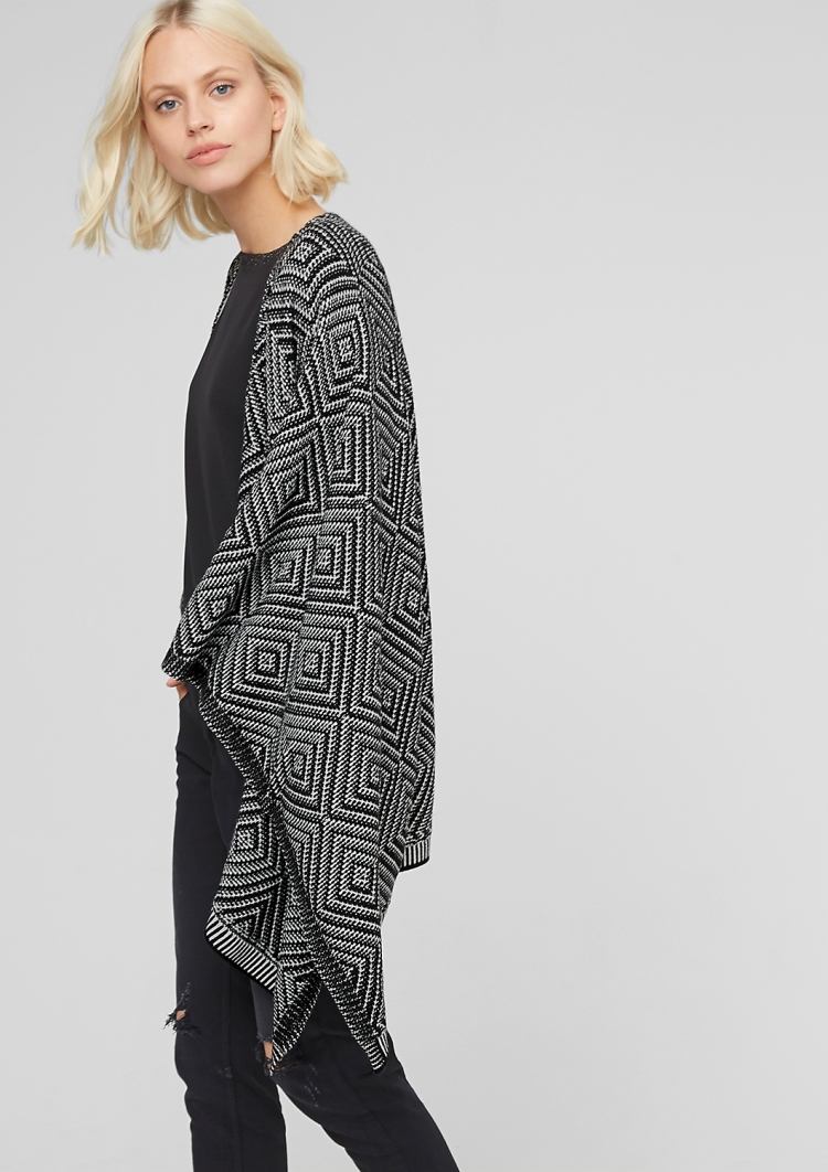 elegantné s čiernobielym dámskym pončo z jemného úpletu pončo-dámy-jeseň-čierna-biela-diamant-jemný úplet-ležérny-elegantný