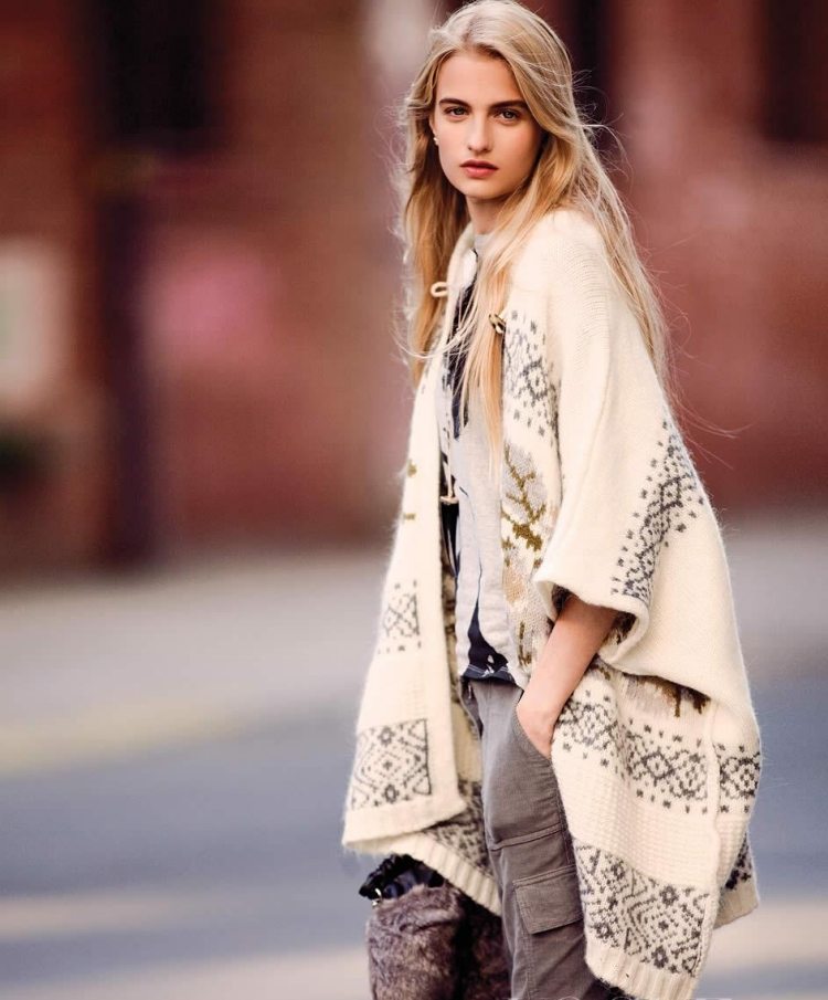 objemné pletené pončo so vzormi pončo-dámy-jesenná-vlnová-vzorová-pletená-krémová-biela-street-štýl-ležérna-praktická