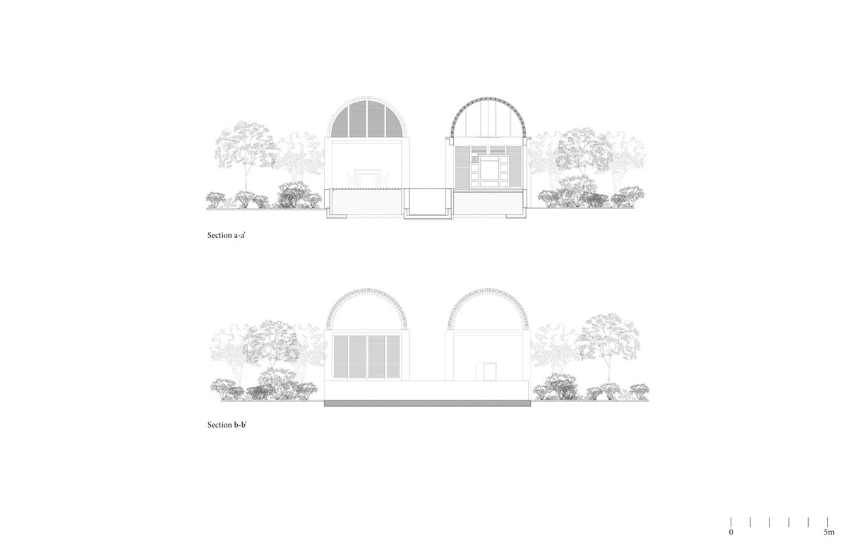 Pôdorys moderných tehlových domov nazývaných casa volta na pobreží oceánu