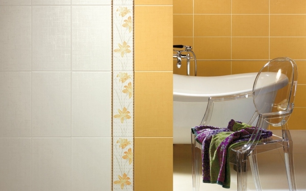 moderná kúpeľňa so žltou bielou dlažbou moderná žltá biela obkladová vaňová akrylová stolička
