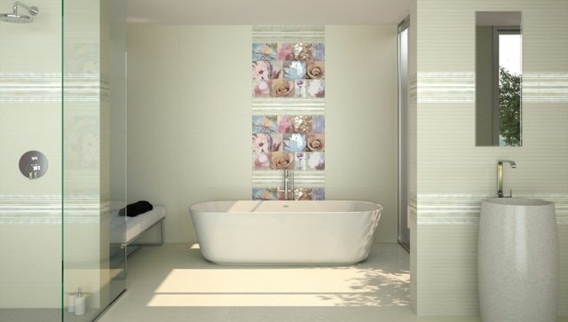 zelené svetlé pruhy do kúpeľne s kvetinovým vzorom Kúpeľňové obklady vaňa s pruhmi s kvetinovým vzorom