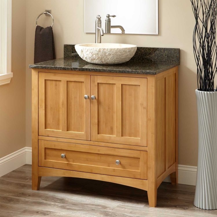 kúpeľňový nábytok-bambus-moderné-nápady-márnosť-márnosť-top-žula-pultová-umývadlo-oválny vápenec