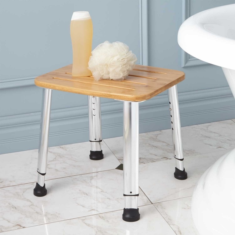 kúpeľňový nábytok-bambus-moderné-nápady-bočný stôl-nastaviteľný-výška-kovové nohy-drevená doska
