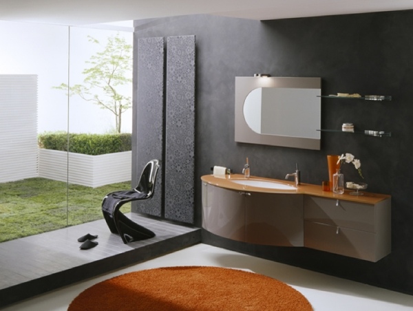 Moderný kúpeľňový nábytok Artesi hnedý oranžový koberec s vysokým leskom