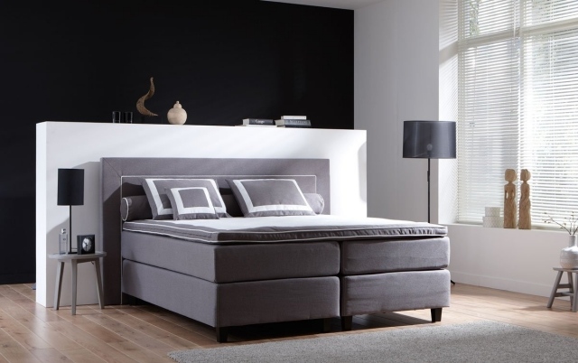 boxové pružinové postele moderná spálňa čalúnená tmavošedou Moderné postele s pružinovými matracmi -moderná-spálňa-tmavosivá