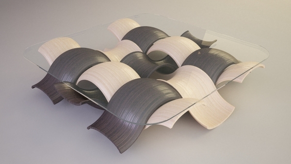 Konferenčný stolík zo skla, koncept dreva Moderné koncepčné konferenčné stolíky so sklenenými tvarmi dreva