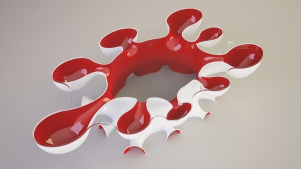 Zaujímavý koncept konferenčného stolíka v tvare červenej bielej škvrny Konferenčné stolíky koncept červená biela škvrna tvar