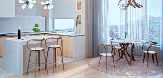 kuchynská stolička z dreveného nábytku zakrivený jedálenský kút